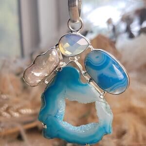 Enchanting Blue Agate Pendant, Sterling Silver Necklace With Opalite & Pearl